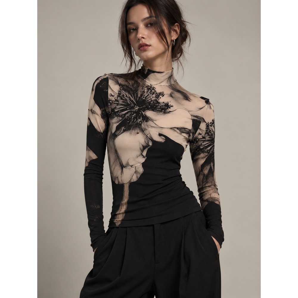 COMMENSE Mock Neck Tie Dye Long Sleeve Top Black Size S US 4 NWT
